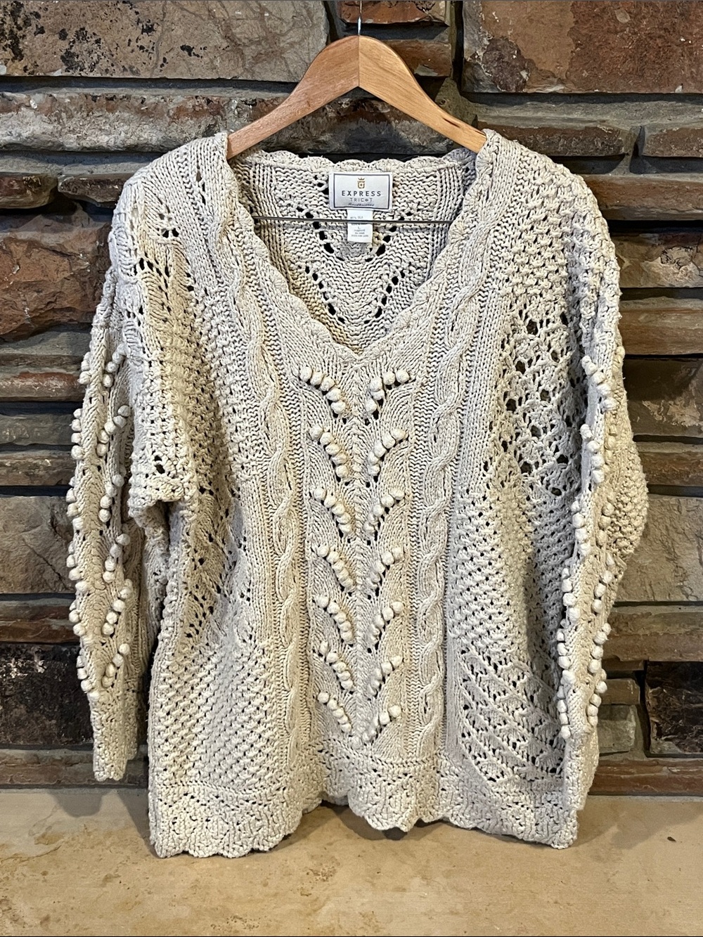 Vintage Express Tricot Cream Cable Knit V-Neck Pom Pom Sweater Silk Cotton Blend